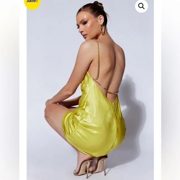 Meshki Sophie Rhinestone Satin Slip Mini Dress in Chartreuse Size Large - Picture 3 of 9